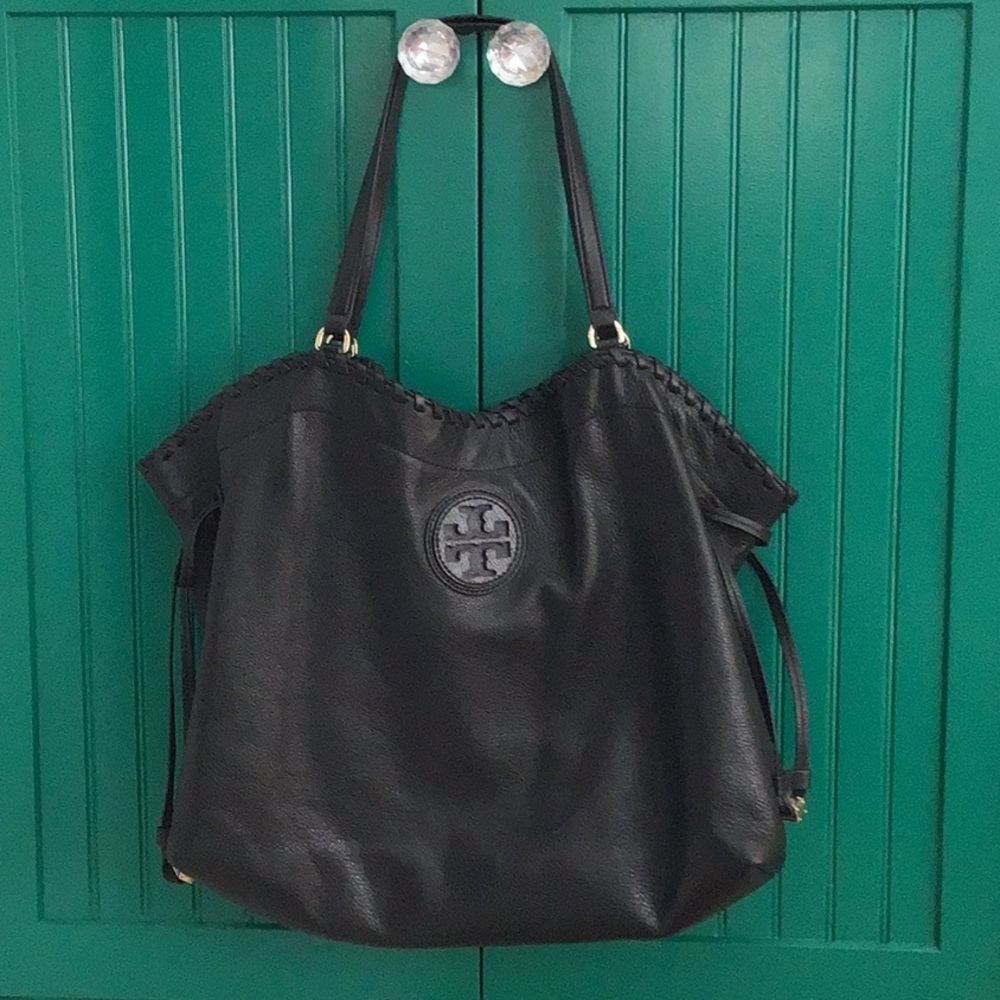 Tory Burch Black Leather Marion Slouchy Drawstring Tote